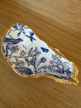 Oyster Shell Blue Floral Trinket Dish with Gold Metallic Edge Handmade